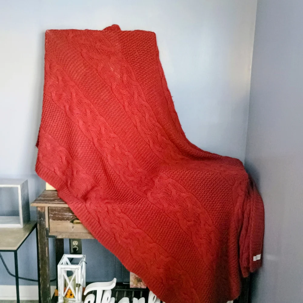 Restoration Hardware Deep Red Cable Knit Throw